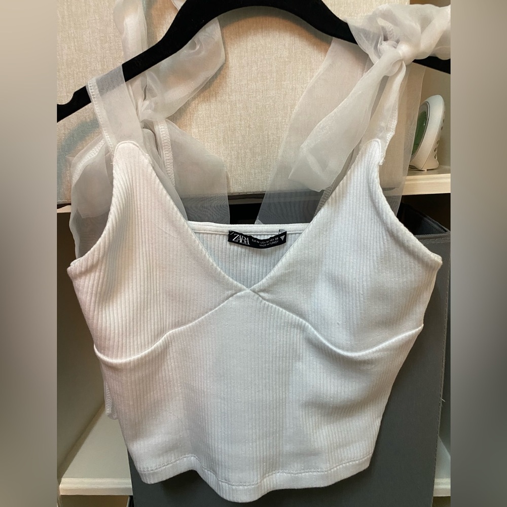 Zara Ribbed White Tank Top with Ribbon Tie Straps
